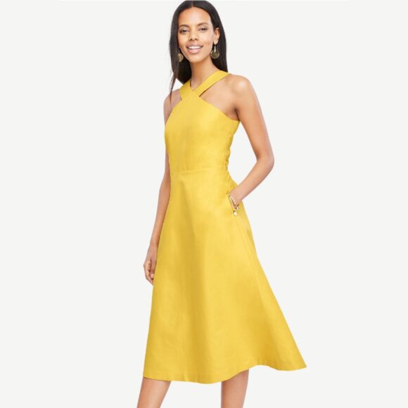 Ann Taylor Halter Midi Dress Mustard Yellow Gold Linen Blend Retro 50s A Line - Picture 2 of 11